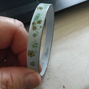 POWDER BLUE ENAMEL BANGLE BRACELET W/YELLOW FLOWERS-SIGNED